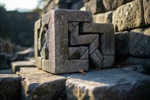 a stone cube sitting on top of a stone wall generative ai photo