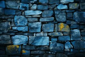 a stone wall with blue and yellow paint on it generative ai photo