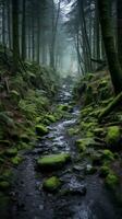 un corriente corriendo mediante un bosque con cubierto de musgo rocas generativo ai foto