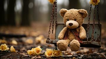 a teddy bear sitting on a swing in the woods generative ai photo