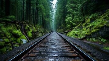 un tren pista en el medio de un bosque generativo ai foto