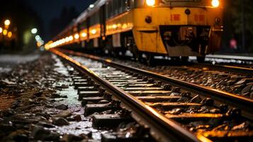 a train traveling down the tracks at night generative ai photo