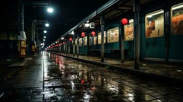 a train station at night with red lanterns generative ai photo