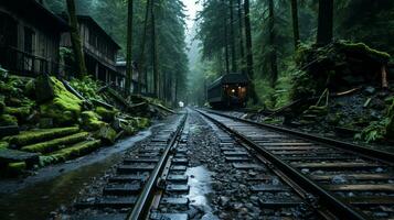 a train traveling through a forest with trees on both sides generative ai photo