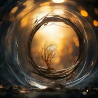 a tree inside of a circular tunnel with the sun shining through it generative ai photo