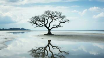a tree is reflected in the water on a sandy beach generative ai photo