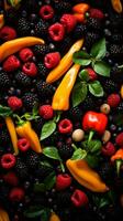 un variedad de frutas y vegetales son arreglado en un negro antecedentes generativo ai foto