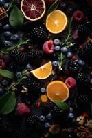 a variety of fruits and vegetables are arranged on a black background generative ai photo