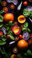 a variety of fruits and vegetables are arranged on a black background generative ai photo