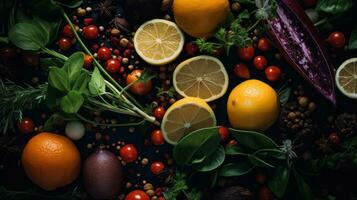 a variety of fruits and vegetables are arranged on a black background generative ai photo