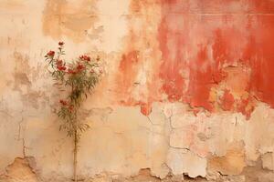 a wall with peeling paint and a single flower generative ai photo