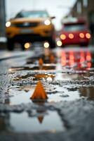 a wet street with a yellow car and orange cones generative ai photo