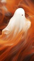 a white ghost floating in the air on an orange and black background generative ai photo