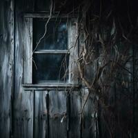 a window in an old wooden house with vines growing around it generative ai photo