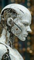 a white robot with gold wires on its head generative ai photo
