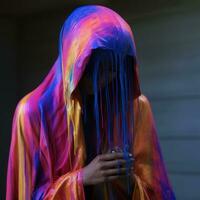 a woman covered in colorful paint standing in front of a wall generative ai photo