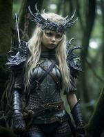 a woman dressed in armor in the woods generative ai photo