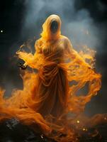 un mujer vestido en un naranja túnica es en pie en frente de fuego generativo ai foto