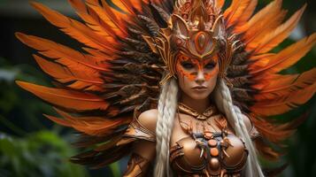 a woman dressed in an orange and gold costume generative ai photo