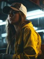 a woman in a baseball cap and jacket sitting on a bench in the rain generative ai photo