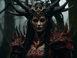 a woman dressed in red and black with horns on her head generative ai photo