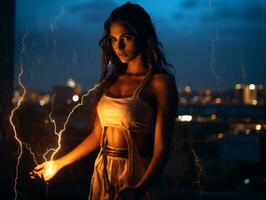a woman holding a lightning bolt in front of a city at night generative ai photo