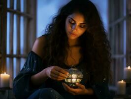 a woman holding a lantern in front of candles generative ai photo
