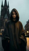 a woman in a black cloak standing in front of a cathedral generative ai photo