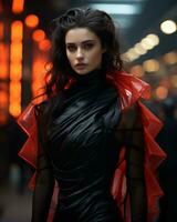 a woman in a black and red dress standing in the middle of a city street generative ai photo