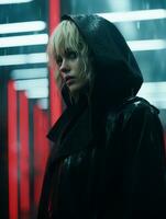 a woman in a black coat standing in the rain generative ai photo