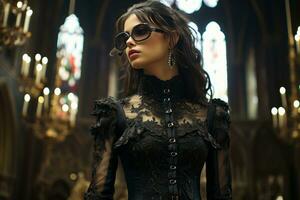 a woman in a black corset and sunglasses standing in a church generative ai photo