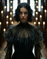 a woman in a black dress standing in a hallway generative ai photo