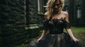 a woman in a black dress standing in front of an old church generative ai photo