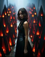 a woman in a black dress standing in front of red candles generative ai photo