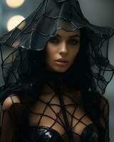 a woman in a black dress with a hood generative ai photo