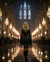a woman in a black dress walking through a church generative ai photo