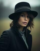 a woman in a black hat and coat standing in a field generative ai photo