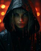 a woman in a black hoodie with rain drops on her face generative ai photo