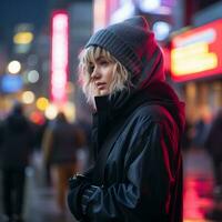 a woman in a black jacket and beanie standing on a city street at night generative ai photo