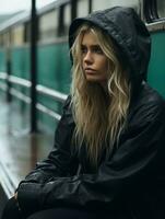 a woman in a black jacket sitting on a bench generative ai photo