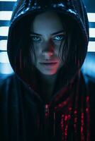 a woman in a black hoodie with red eyes generative ai photo