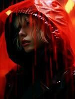 a woman in a black jacket and red hoodie generative ai photo