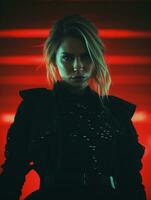 a woman in a black jacket standing in front of a red light generative ai photo
