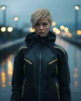 a woman in a black jacket standing in front of a bridge generative ai photo