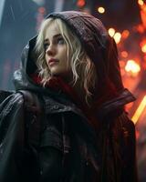 a woman in a black jacket and red scarf standing in front of fire generative ai photo
