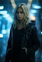 a woman in a black jacket standing in a dark tunnel generative ai photo