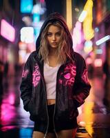 a woman in a black jacket and shorts standing in the rain at night generative ai photo