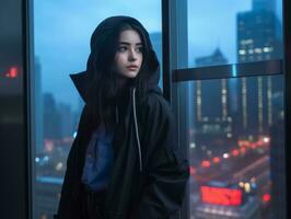 a woman in a black jacket standing in front of a window with city lights in the background generative ai photo