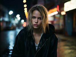 a woman in a black jacket standing in the middle of a city street at night generative ai photo