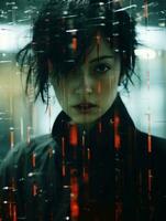 a woman in a black jacket standing in front of red lights generative ai photo